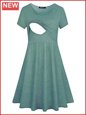 Nursing Maternity Summer Dress Short Sleeve A-Line Floral Breastfeeding Midi